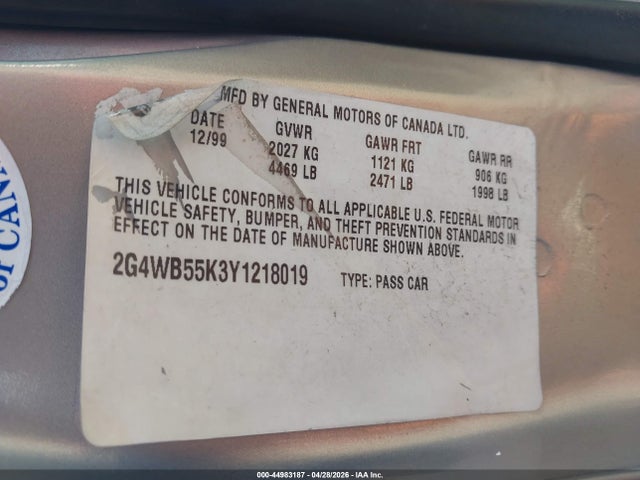 44983187 :رقم المزاد ، 2G4WB55K3Y1218019 vin ، 2000 Buick Regal Ls مزاد بيع