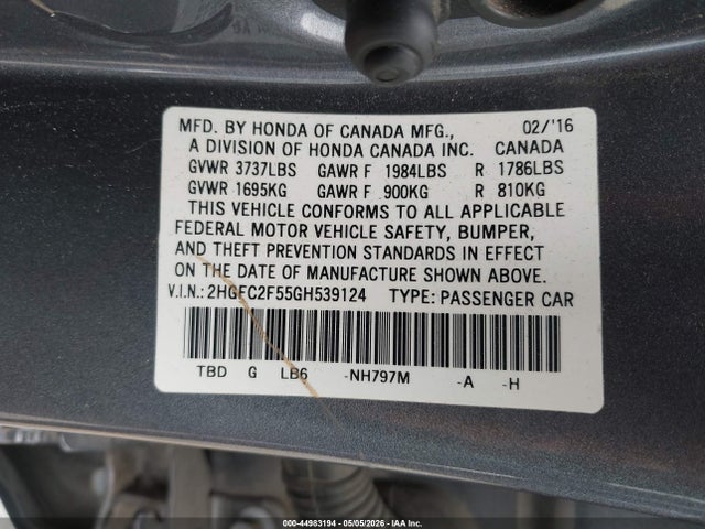 Продаж на аукціоні авто 2016 Honda Civic Lx, vin: 2HGFC2F55GH539124, номер лоту: 44983194