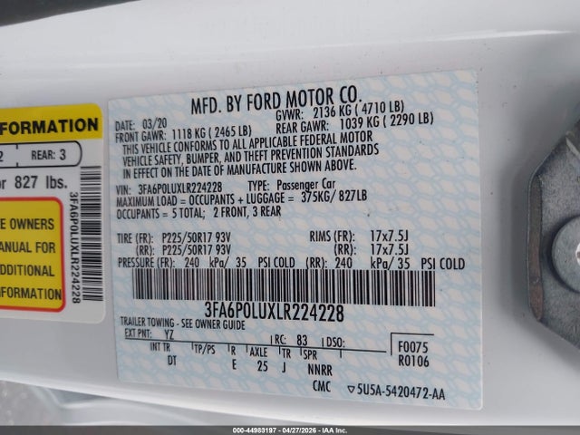 3FA6P0LUXLR224228 Ford Fusion Hybrid Se