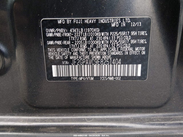 Aukcja sprzedaży 2014 Subaru Xv Crosstrek 2.0i Premium, vin: JF2GPAVC9E8251404, numer aukcji: 44983198