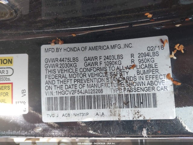 2018 Honda Accord Ex-l 2.0t მანქანა იყიდება აუქციონზე, vin: 1HGCV2F54JA025266, აუქციონის ნომერი: 44983199