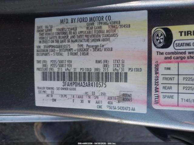 44983206 :رقم المزاد ، 3FAHP0HA2AR410575 vin ، 2010 Ford Fusion Se مزاد بيع