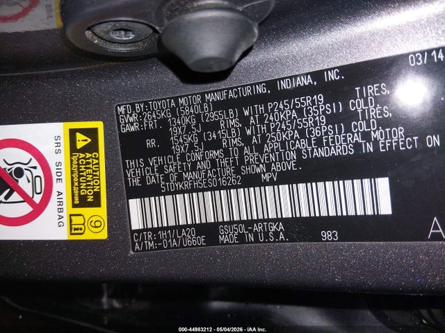 5TDYKRFH5ES016262 Toyota Highlander Limited Platinum V6