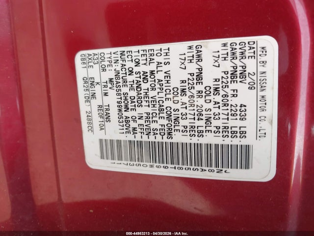 Продаж на аукціоні авто 2009 Nissan Rogue Sl, vin: JN8AS58T99W053711, номер лоту: 44983213