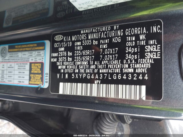 5XYPG4A37LG643244 KIA Sorento 2.4l Lx