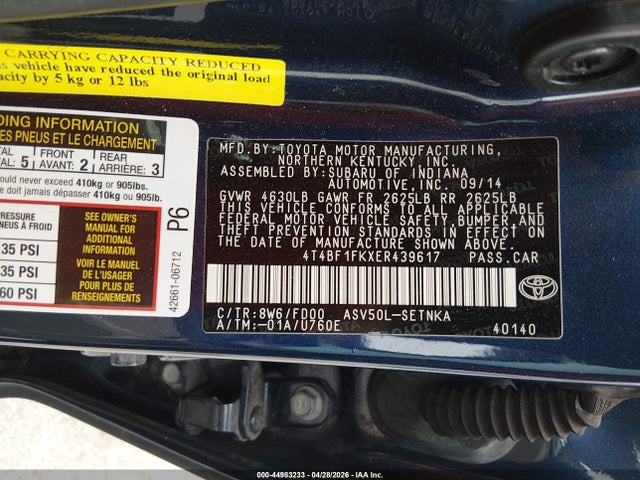 Aukcja sprzedaży 2014 Toyota Camry Le, vin: 4T4BF1FKXER439617, numer aukcji: 44983233