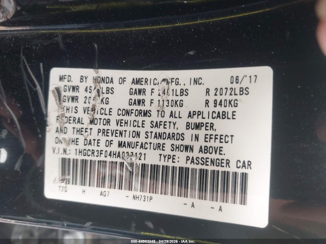 2017 Honda Accord Ex-l V6 მანქანა იყიდება აუქციონზე, vin: 1HGCR3F04HA037121, აუქციონის ნომერი: 44983249
