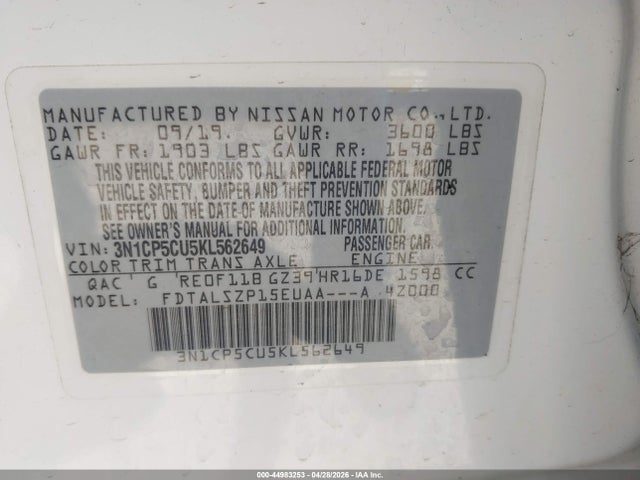 3N1CP5CU5KL562649 Nissan KICKS SV