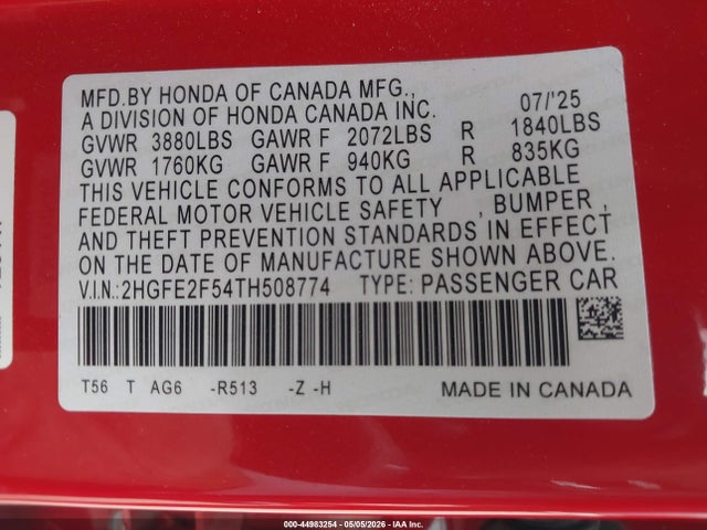 Honda Civic Sport 2026 2HGFE2F54TH508774 Image 9