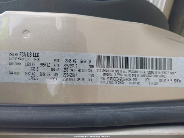 Продажа на аукционе авто 2016 Dodge Grand Caravan R/t, vin: 2C4RDGEG4GR274733, номер лота: 44983268