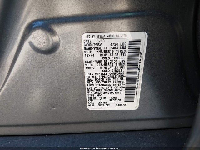 44983267 :رقم المزاد ، JN8AT2MV2JW342131 vin ، 2018 Nissan Rogue Sl مزاد بيع
