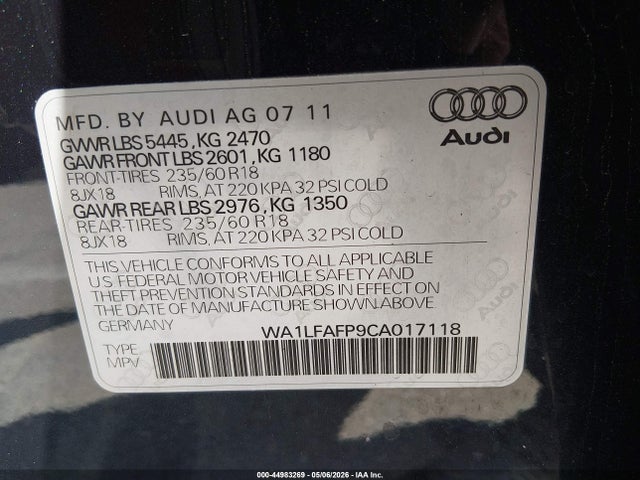 Aukcja sprzedaży 2012 Audi Q5 2.0t Premium, vin: WA1LFAFP9CA017118, numer aukcji: 44983269