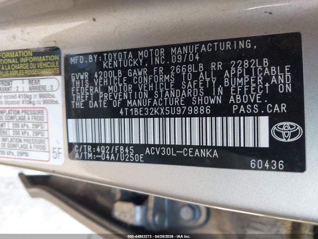 Aukcja sprzedaży 2005 Toyota Camry Le, vin: 4T1BE32KX5U979886, numer aukcji: 44983273