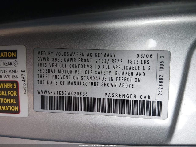 44983282 :رقم المزاد ، WVWAR71K87W020636 vin ، 2007 Volkswagen Rabbit 2-door مزاد بيع