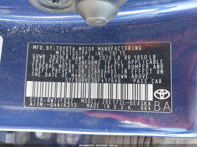 5YFBURHE3GP417646 Toyota Corolla S Plus