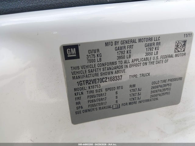 44983285 :رقم المزاد ، 1GTR2VE70CZ168337 vin ، 2012 Gmc Sierra 1500 Sle مزاد بيع