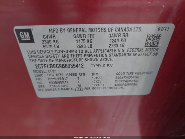 Aukcja sprzedaży 2011 Gmc Terrain Sle-1, vin: 2CTFLREC9B6335412, numer aukcji: 44983284