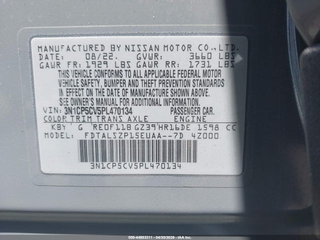 2023 Nissan Kicks Sv Xtronic Cvt მანქანა იყიდება აუქციონზე, vin: 3N1CP5CV5PL470134, აუქციონის ნომერი: 44983311