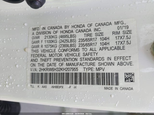 44983320 :رقم المزاد ، 2HKRW6H32KH207955 vin ، 2019 Honda Cr-v Lx مزاد بيع