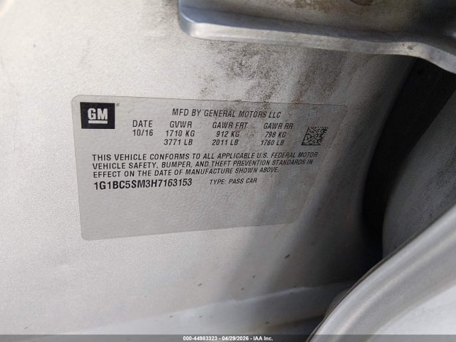 Продажа на аукционе авто 2017 Chevrolet Cruze Ls Auto, vin: 1G1BC5SM3H7163153, номер лота: 44983323
