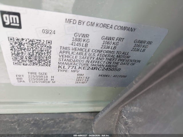 44983327 :رقم المزاد ، KL77LKE24RC245050 vin ، 2024 Chevrolet Trax Fwd Activ مزاد بيع