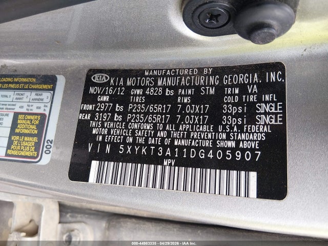 44983335 :رقم المزاد ، 5XYKT3A11DG405907 vin ، 2013 Kia Sorento Lx مزاد بيع