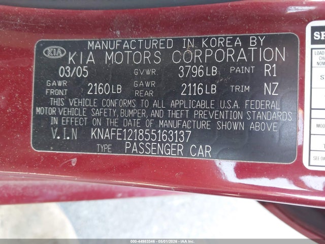 Aukcja sprzedaży 2005 Kia Spectra Ex/lx/sx, vin: KNAFE121855163137, numer aukcji: 44983346
