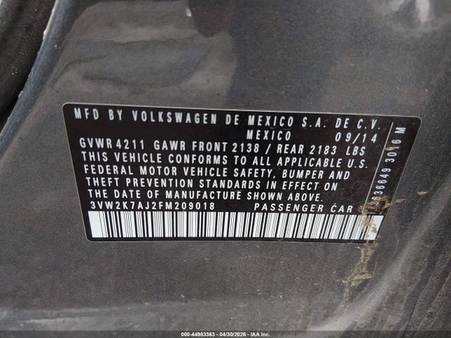 2015 Volkswagen Jetta 2.0l S მანქანა იყიდება აუქციონზე, vin: 3VW2K7AJ2FM209018, აუქციონის ნომერი: 44983363