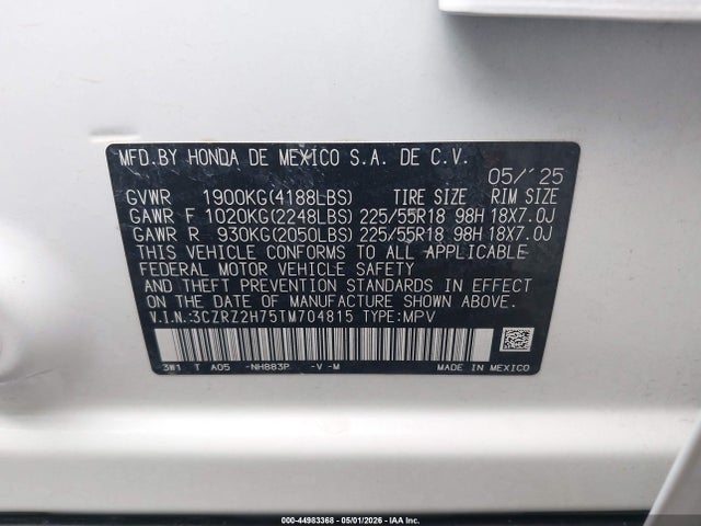 Aukcja sprzedaży 2026 Honda Hr-v Awd Ex-l, vin: 3CZRZ2H75TM704815, numer aukcji: 44983368