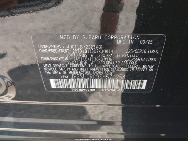 Aukcja sprzedaży 2025 Subaru Forester Limited, vin: JF2SLDRC9SH571254, numer aukcji: 44983369