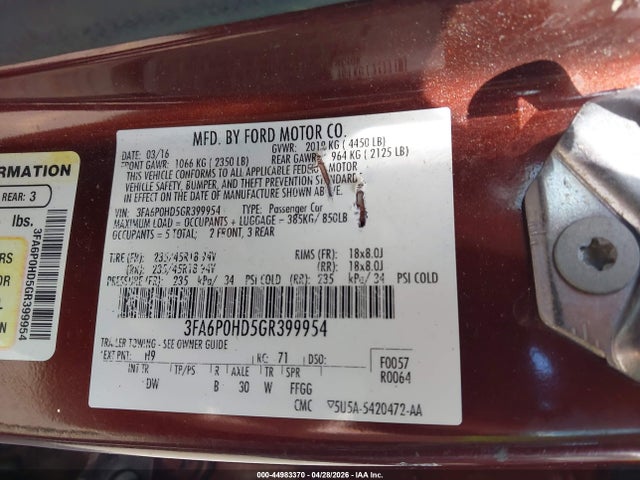 Ford FUSION SE 2016 3FA6P0HD5GR399954 Image 9
