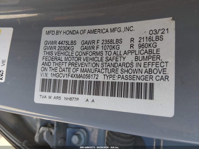 44983373 :رقم المزاد ، 1HGCV1F4XMA056172 vin ، 2021 Honda Accord Sport Special Edition مزاد بيع