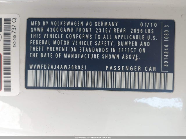 44983378 :رقم المزاد ، WVWFD7AJ4AW268921 vin ، 2010 Volkswagen Gti 2-door مزاد بيع