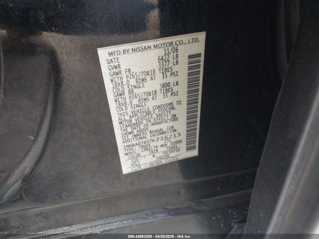 Aukcja sprzedaży 2007 Nissan Titan Se, vin: 1N6BA07A57N216215, numer aukcji: 44983385