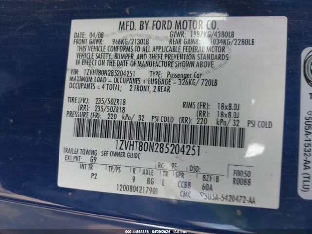 2008 Ford Mustang V6 Premium მანქანა იყიდება აუქციონზე, vin: 1ZVHT80N285204251, აუქციონის ნომერი: 44983386