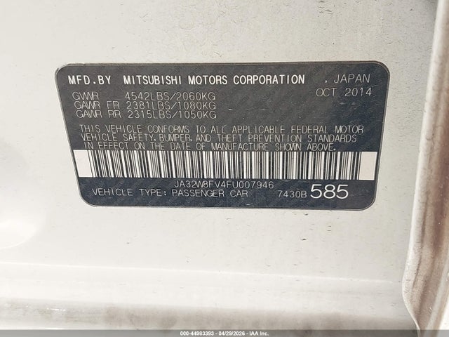 Aukcja sprzedaży 2015 Mitsubishi Lancer Evolution Gsr, vin: JA32W8FV4FU007946, numer aukcji: 44983393