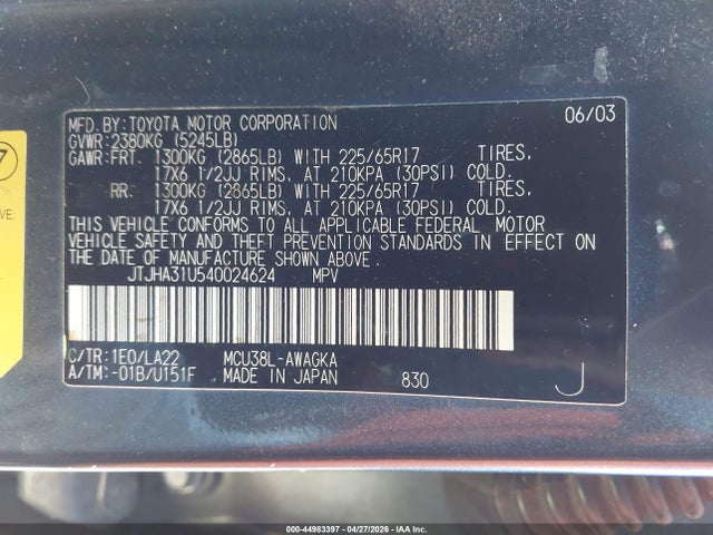 44983397 :رقم المزاد ، JTJHA31U540024624 vin ، 2004 Lexus Rx 330 مزاد بيع