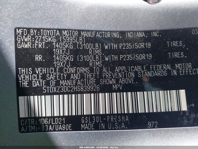 5TDXZ3DC2HS839926 Toyota Sienna Se 8 Passenger