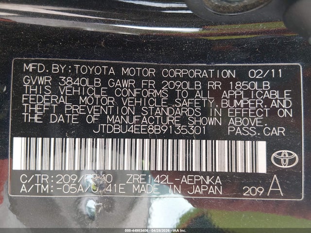 Aukcja sprzedaży 2011 Toyota Corolla Le, vin: JTDBU4EE8B9135301, numer aukcji: 44983406