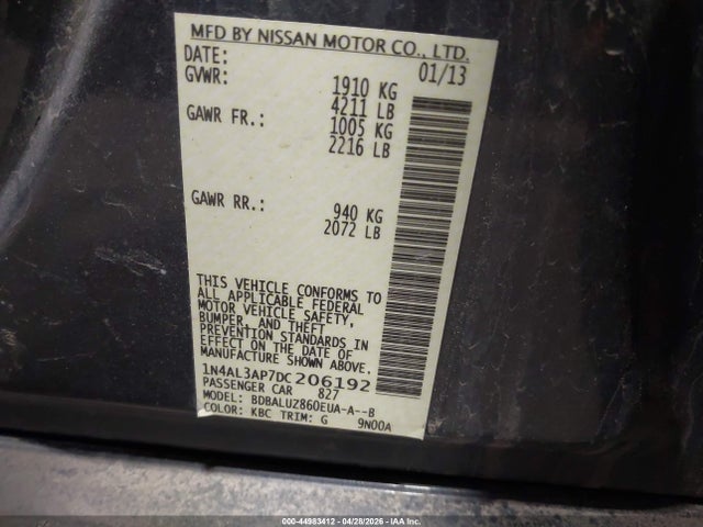 2013 Nissan Altima 2.5 Sv მანქანა იყიდება აუქციონზე, vin: 1N4AL3AP7DC206192, აუქციონის ნომერი: 44983412