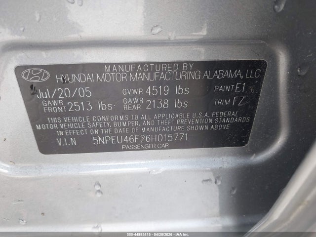44983415 :رقم المزاد ، 5NPEU46F26H015771 vin ، 2006 Hyundai Sonata Gls V6/lx V6 مزاد بيع