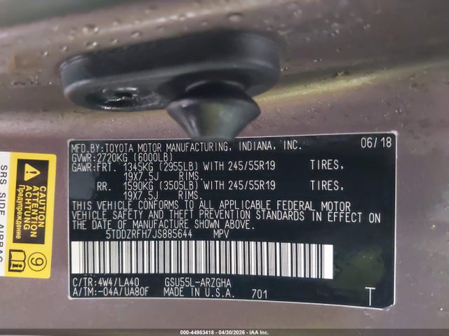 5TDDZRFH7JS885644 Toyota Highlander Limited Platinum