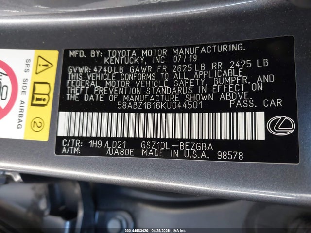 58ABZ1B16KU044501 Lexus ES 350