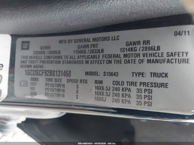 Aukcja sprzedaży 2011 Chevrolet Colorado 1lt, vin: 1GCDSCF92B8131468, numer aukcji: 44983434