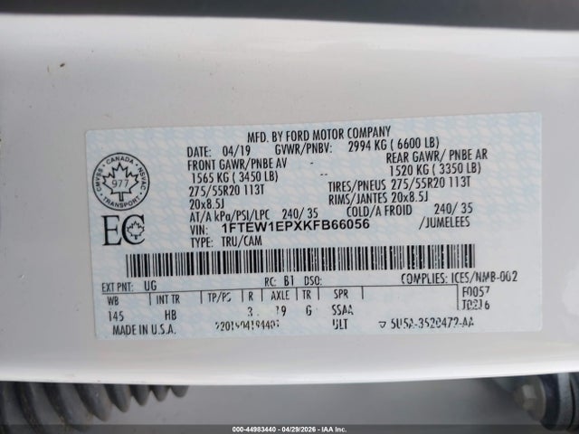 Продажа на аукционе авто 2019 Ford F-150 Lariat, vin: 1FTEW1EPXKFB66056, номер лота: 44983440
