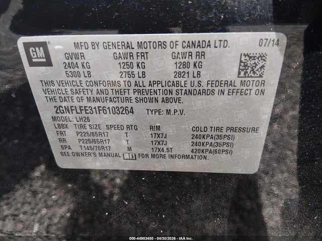 44983450 :رقم المزاد ، 2GNFLFE31F6103264 vin ، 2015 Chevrolet Equinox 1lt مزاد بيع