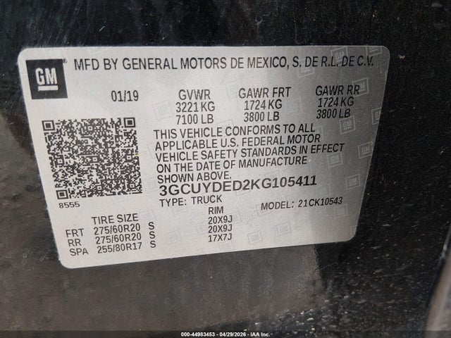 44983453 :رقم المزاد ، 3GCUYDED2KG105411 vin ، 2019 Chevrolet Silverado 1500 Lt مزاد بيع