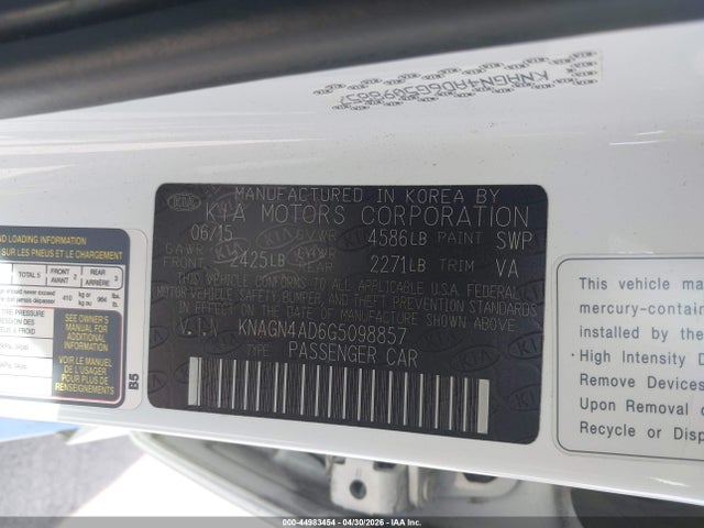 KNAGN4AD6G5098857 KIA Optima Hybrid Ex