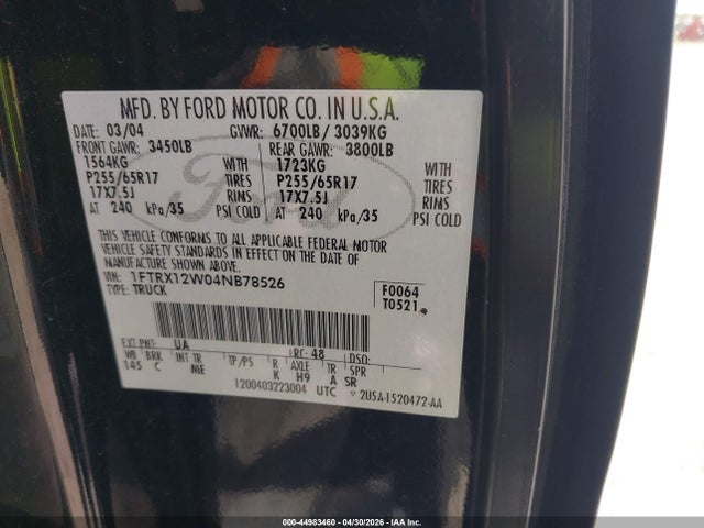 Aukcja sprzedaży 2004 Ford F-150 Stx/xl/xlt, vin: 1FTRX12W04NB78526, numer aukcji: 44983460