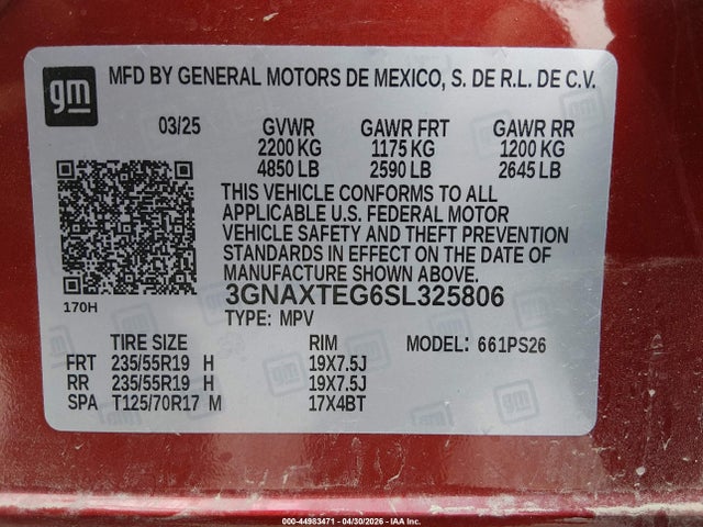 44983471 :رقم المزاد ، 3GNAXTEG6SL325806 vin ، 2025 Chevrolet Equinox Awd Rs مزاد بيع